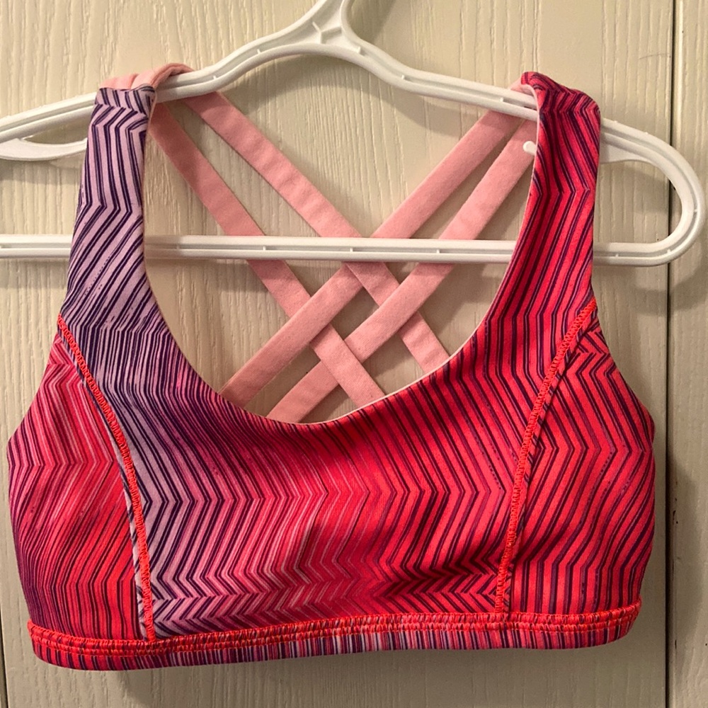 Ivivva Light Pink and Neon Pink & Grey Zigzag Striped Reversible Sports Bra
